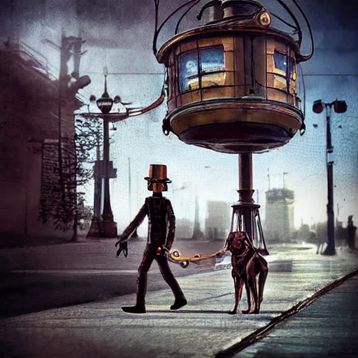 Prompt: steampunk robot walking his dog on the street photorealistic, cinematic, digital art