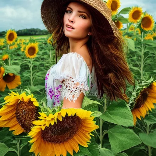 Image similar to a beautiful farm girl in a field of sunflowers, beautiful day, by hans zatzka