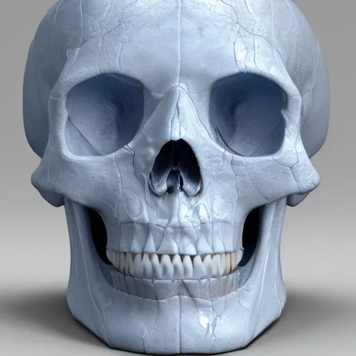 Image similar to a porcelain human skull, highly detailed, global illumination, ray tracing, blue cracks, ornate