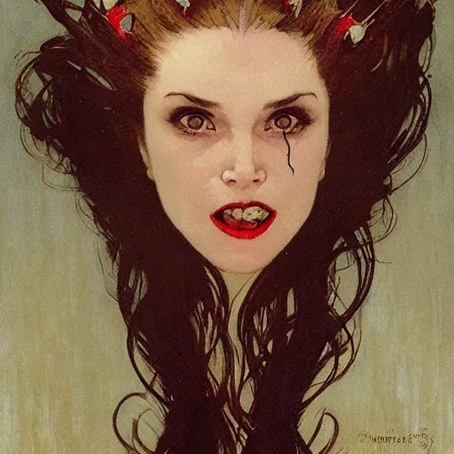 Prompt: portrait of a menacing beautiful vampire, face only, half closed eyes, closed mouth, gasping for air, by Stanley Artgerm Lau , greg rutkowski, thomas kindkade, alphonse mucha, loish, norman rockwell, J. C. Leyendecker. hair waving in the wind, pale skin, sinister complexion, thorn crown, image bordered by thorns. D&D, fantasy. Trending on artstation rule of thirds extremely detailed illustration hd 4k