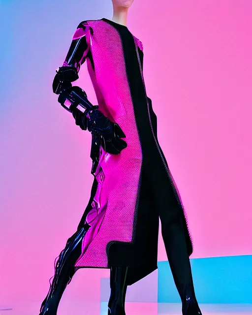 Prompt: an award winning fashion photograph for Balenciaga's futuristic cyberpunk Bladerunner 2049 fall line, hyperrealism, dazzle camouflage!, dayglo pink, dayglo blue, raven black