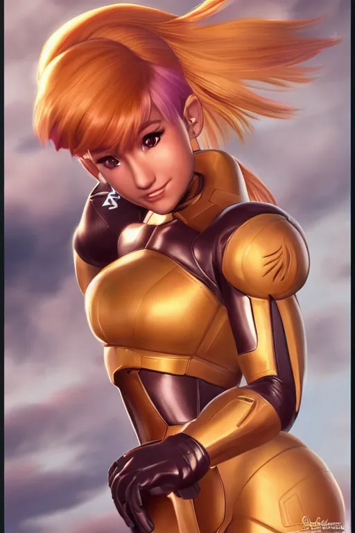 Prompt: Ariana Grande cosplaying as Samus Aran, golden hour, by greg Rutkowksi, by artgerm