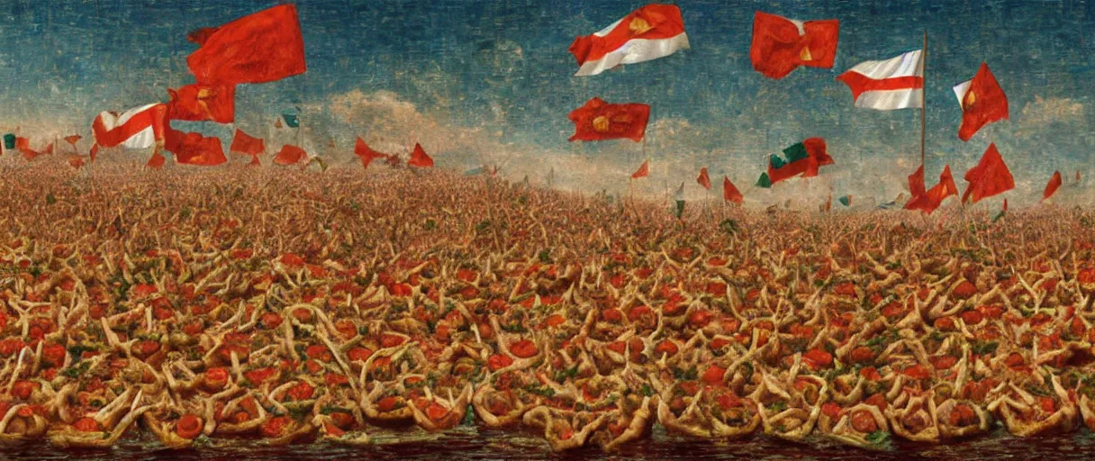 Prompt: ' people swimming in a sea of pizza with tomato sauce, italy flags, detailed 4 k illustration, oil painting by pellizza da volpedo'