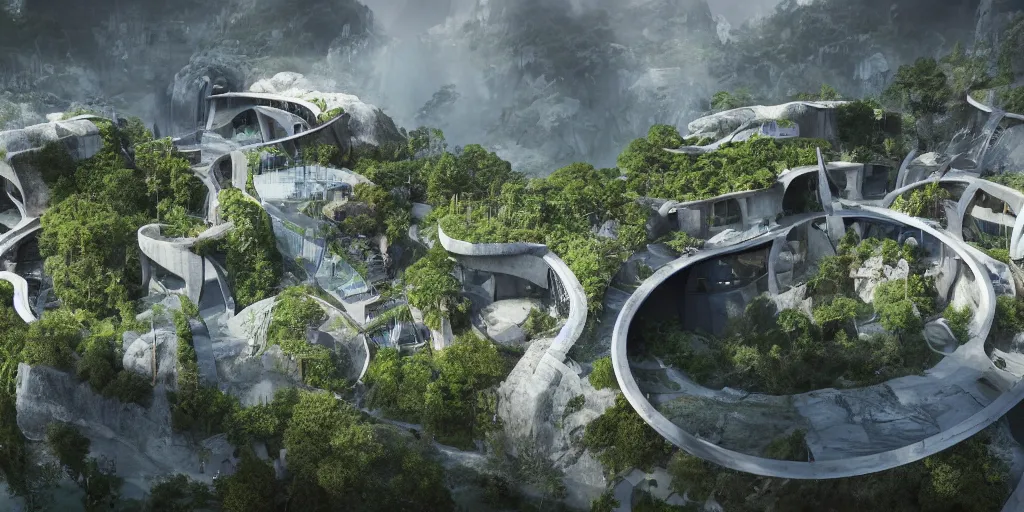 Image similar to a community living in modern brutalistic architecture build at the center of a huge vertical ringed shaped mountain with forest on the top in the center of the ocean, where center tower is connected to other towers through bridges, unreal 5, hyper realistic, realistic, photorealistic, dynamic lighting, highly detailed, cinematic landscape, studio landscape, studio lighting