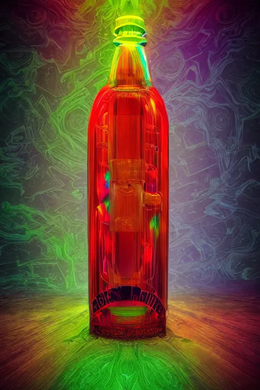 Image similar to photo of a rainbow colored filigran steampunk bottle, band merchandise, bandname is tripmachine, realistic digital art, label on the bottle is printed with a 3 d render of a huge futuristic steampunk generator, 8 k, fluorescent colors, halluzinogenic, multicolored, exaggerated detailed, unreal engine