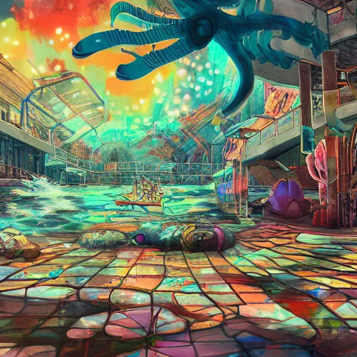 Prompt: painted anime background of an underwater mall in the slums built from various coral seashells and being reclaimed by nature, seaweed, light diffraction, litter, steampunk, cyberpunk, caustics, anime, vhs distortion, inspired by splatoon by nintendo, art created by miyazaki