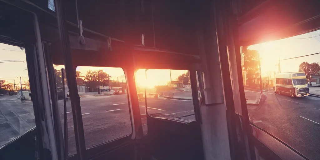 Prompt: Inside the bus, sunset, telephone pole and street, the sun shines in, indoor scene, volumetric lighting, high detail, 14mm, cinematic photography, high resolution