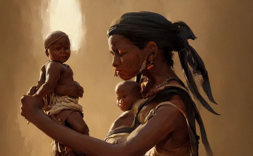 Image similar to A painting of a Tribal Woman carrying a Child trending on artstation in the style of Greg Rutkowski