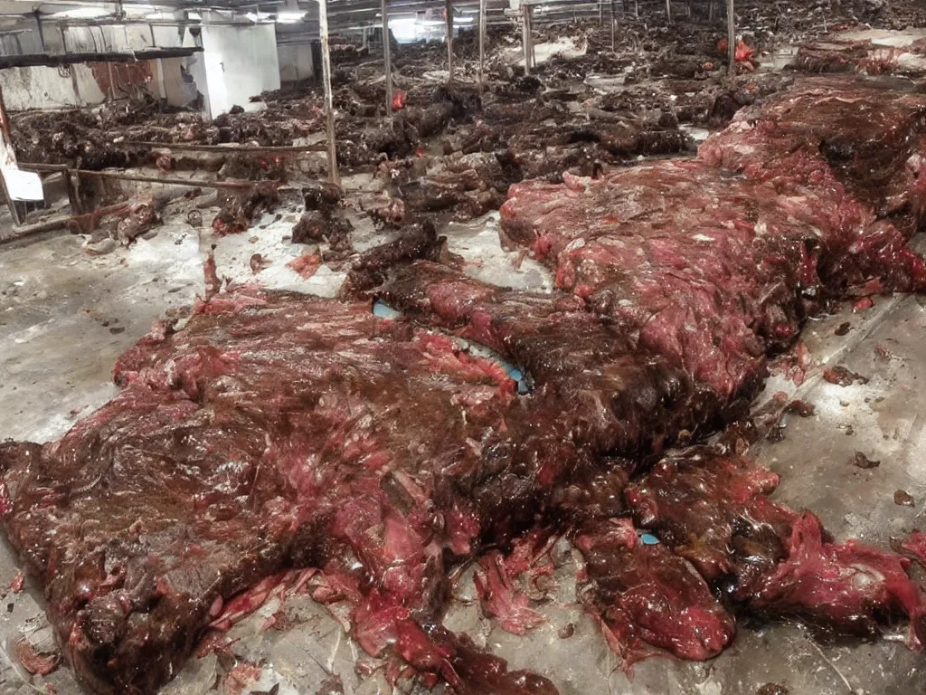 Prompt: shiny slab of beef being eaten by flies, warehouse, slaughterhouse, nightmare, horror,