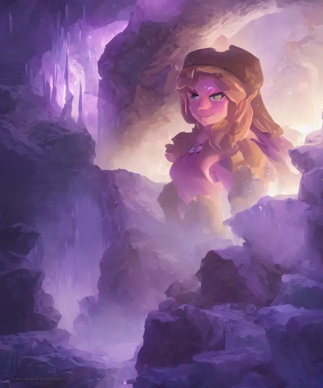 Prompt: The benevolent purple amethyst spirit in a magical crystal icy cave, tense cinematic composition, close up portrait with wide background, by Andreas Rocha