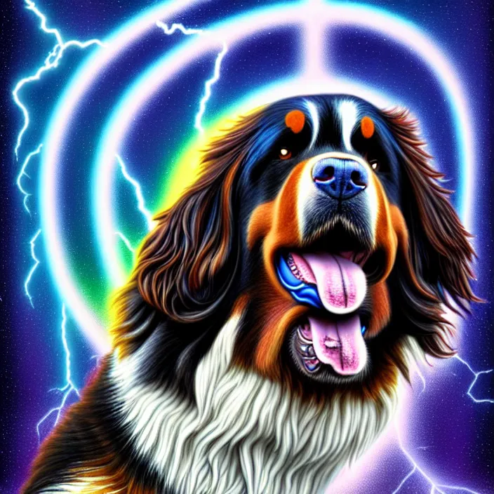 Prompt: an anthropomorphic male bernese mountain dog as zeus, shooting lightning bolts from his paws, by alex grey, intricate details, artstation, furry, psychedelic, hd, beautiful