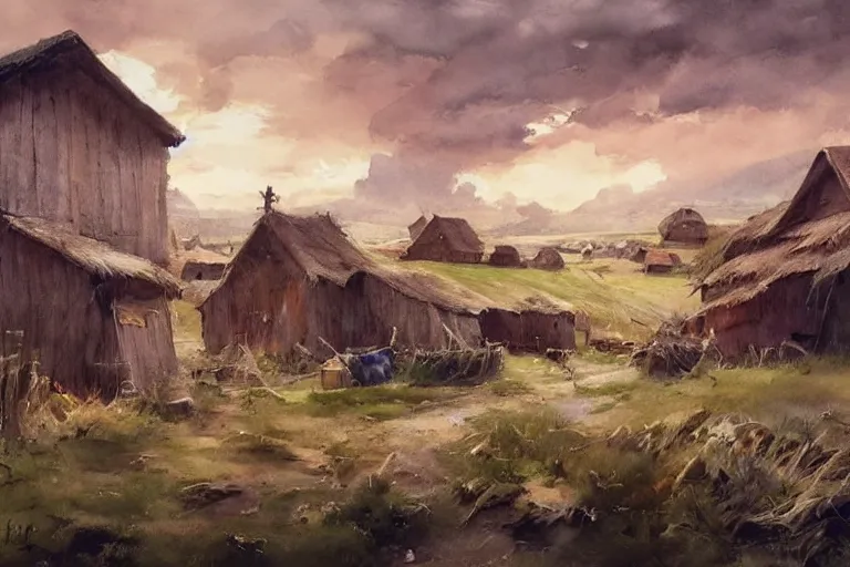 Image similar to paint brush strokes, abstract watercolor painting of rustic village at midday, straw roof, hay, viking town, ambient lighting, art by hans dahl, by jesper ejsing, art by anders zorn, wonderful masterpiece by greg rutkowski, cinematic light, american romanticism by greg manchess, creation by tyler edlin