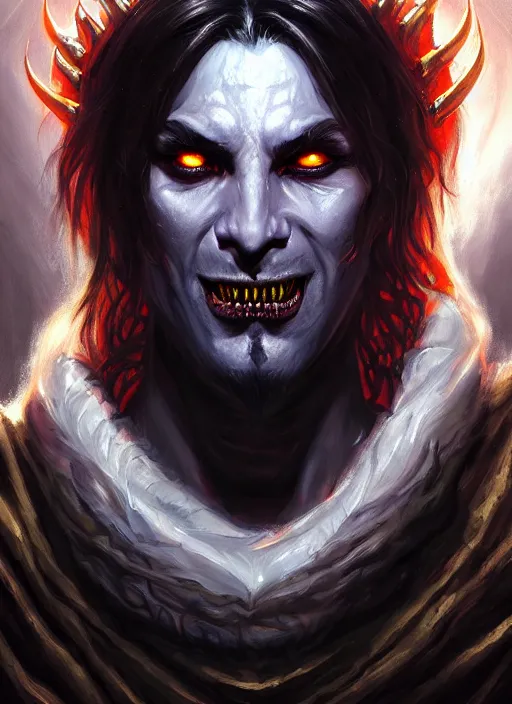 Image similar to a _ fantasy _ style _ portrait _ painting _ of demon king asmodeus, dnd, wicked, oil _ painting _ unreal _ 5 _ daz. _ rpg _ portrait _ extremely _ detailed _ artgerm _ greg _ rutkowski _ greg