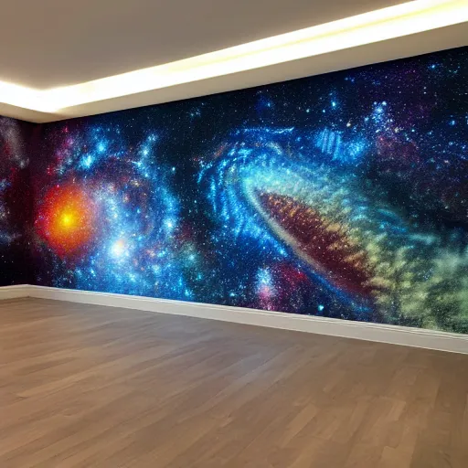 Prompt: an 8 k hi res realistic digital pic of a mural depicting a galaxy in the shadow of a jaguar