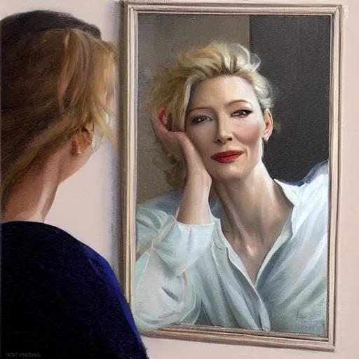 Image similar to cate blanchett in low-cut blouse in front of a mirror, painting by Vladimir Volegov