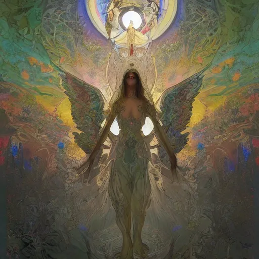 Prompt: into the light i command thee army of angels surrounding gothic filigree cathedral kandinsky style, jackson pollock style, mucha style, peter mohrbacher style, gustav moreau style, digital painting, detailed, depth, 8k rendering