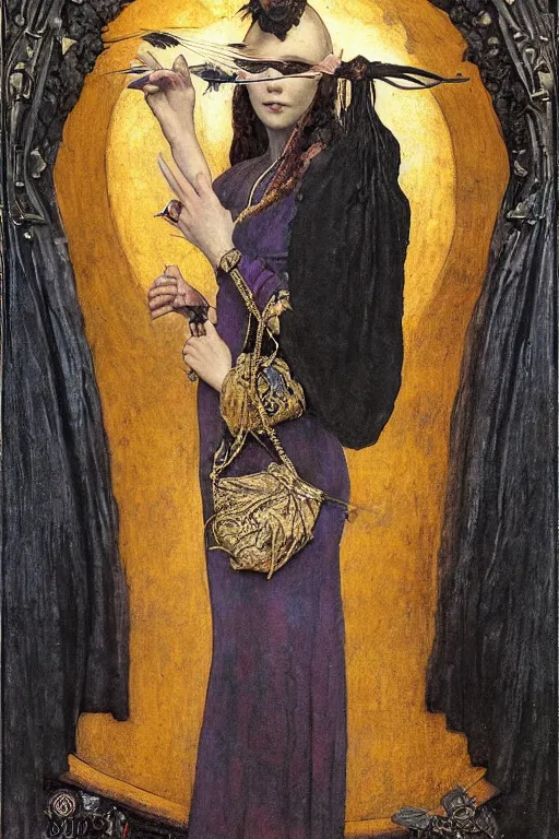 Image similar to portrait of the last goth witch with her lantern and regalia, by Annie Swynnerton and Nicholas Roerich and John Bauer and John William Godward and Donato Giancola and Vermeer, black leather and embroidered velvet, iridescent beetles, rich color, ornate headdress, flowing robes, lost runes, ancient civilizations, dramatic cinematic lighting, featured on Artstation, extremely detailed