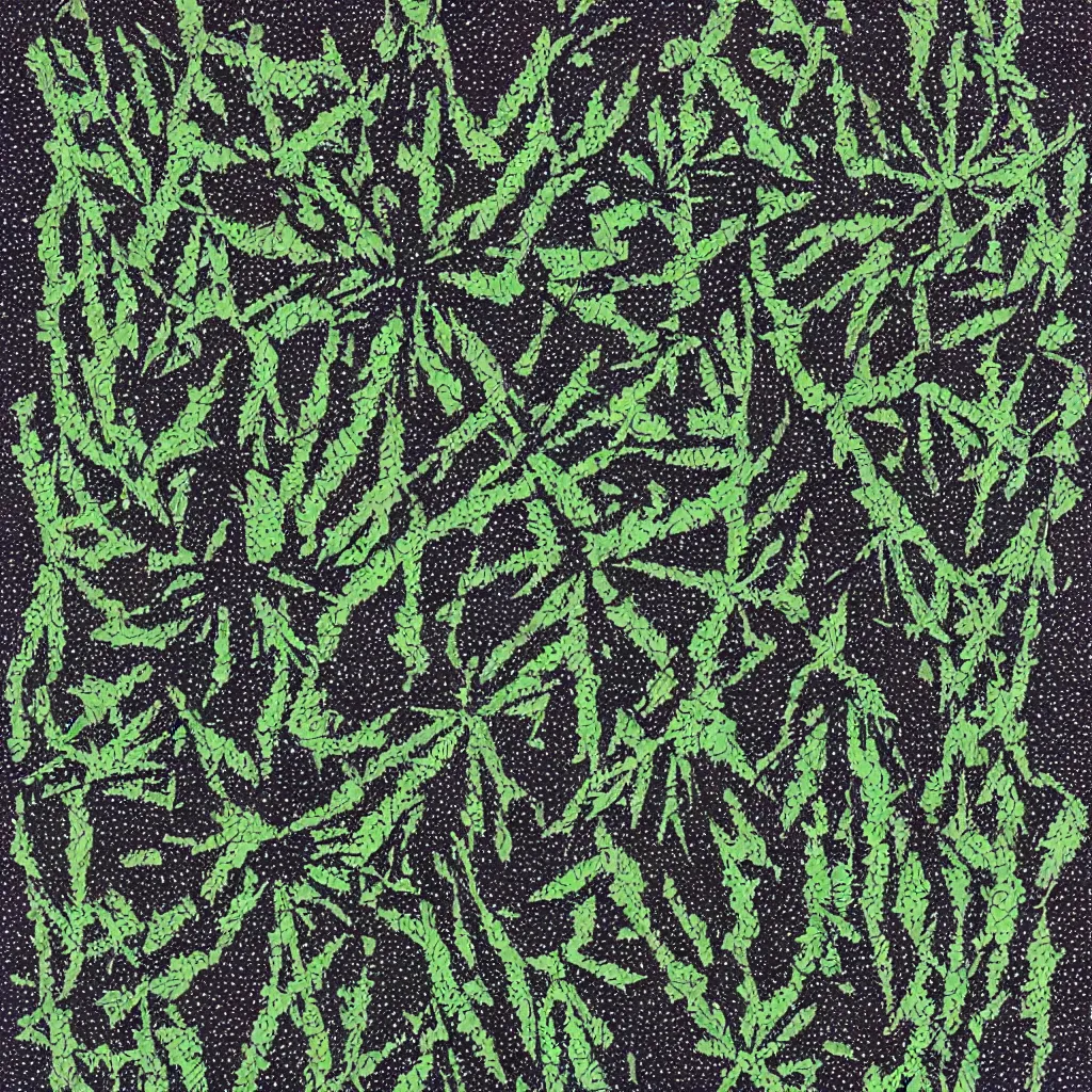 Image similar to camo made of out cannabis, smiling, abstract, maya bloch artwork, do hoang tuong artwork, cryptic, dots, stipple, lines, splotch, concrete, color tearing, uranium, neon, pitch bending, cannabis plant, faceless people, dark, ominous, eerie, minimal, points, technical, painting