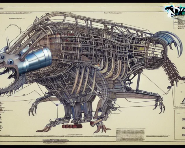 Prompt: a full page of a mechanical blueprint showing a cutaway design for a mechanized six legged wolf from howl's moving castle ( 2 0 0 4 ), with a big head, muted colors, post grunge, studio ghibli, hq,