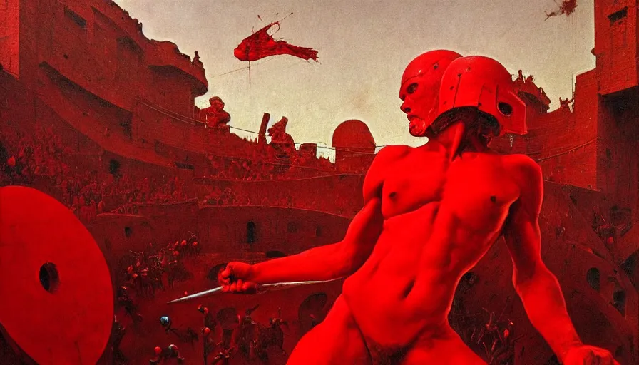 Image similar to only with red, a lightly armored gladiator in a crowded roman amphitheatre, crowd cheering, in the style of beksinski and edward hopper and rodcenko and yue minjun and artgerm, intricate and epic composition, red by caravaggio, highly detailed, masterpiece, red light, artstation, art nouveau