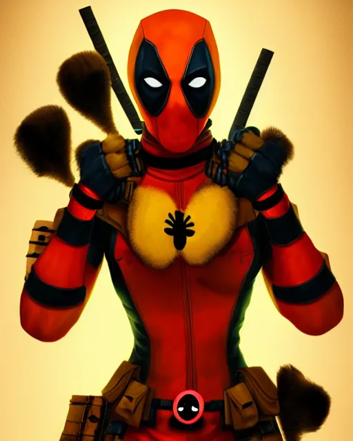 Image similar to beautiful deadpool as honey, made of honey, wearing honey - themed miniskirt, award winning creature portrait photography, extremely detailed, artstation, 8 k, sensual lighting, incredible art, wlop, artgerm, backlit, rim lighting, hi - fructose