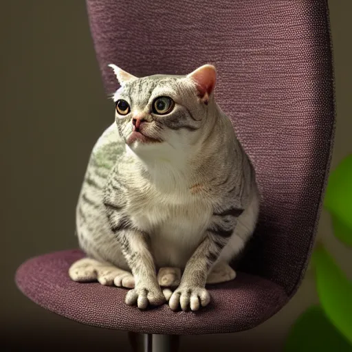 Prompt: A photo of a cat frog hybrid, sitting on a chair, highly detailed, 4k, award winning photo