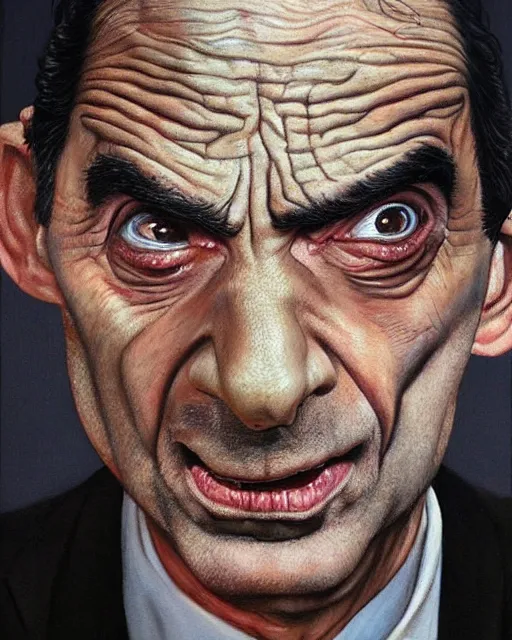 Prompt: portrait of mr bean, gritty, dark, very detailed, hyperrealistic, very detailed painting by Glenn Fabry, by Joao Ruas
