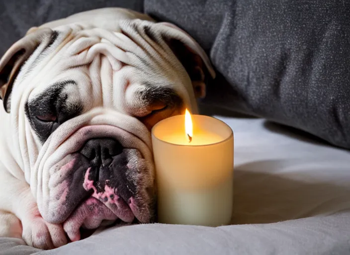 Image similar to a closeup, 4 5 mm, portrait of a sleeping english bulldog in a bed, on a pillow, candle light, 4 5 mm, by franz lanting