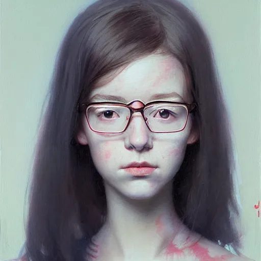 Image similar to Facial portrait of a pretty cute nerdy girl, looking at the camera, slight awkward smile, lips slightly parted, no hands visible, extremely detailed painting by Greg Rutkowski and by Henry Justice Ford and by Harumi Hironaka