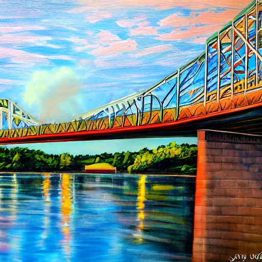 Image similar to chattanooga tennessee pic of walnut street bridge painting in style of herb ryman