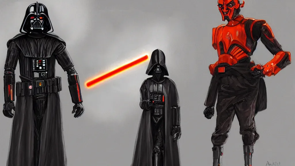 Image similar to A KX-Series security droid from star wars wearing a hooded cloak and welding an orange lightsaber similar to Darth Maul\'s, extremely detailed, concept art