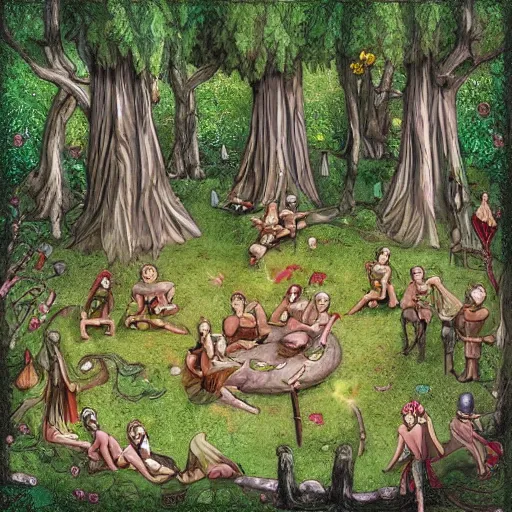 Image similar to highly detailed commune of !!!!!hedonist!!!!! (((((elves))))). the (((((elves))))) are carefree and playful. digitally painted forest scene. The (((((elves))))) each have the face of famous musician !!!!!Ed Sheeran!!!!!. pixiv, artbreeder. high quality art