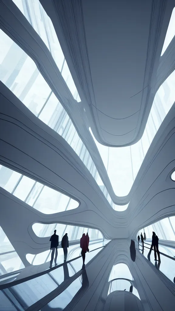 Image similar to the inside of a very tall building, big pods, big windows, octane render, warm colour scheme, white, cyberpunk architecture by zaha hadid, cinematic, scenery, unreal engine, render, cgsociety, modernism, futuristic, artstation, sci - fi, high detail, high quality, close up angle, people walking