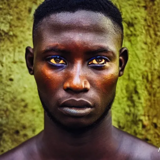 Prompt: photograph of a Nigerian young man with piercing blue eyes, glassy eyes, green galaxy in eyes, ancient kingdom, dramatic lighting, dramatic lighting, beautiful, epic, glorious, extreme detail, 4k, award-winning