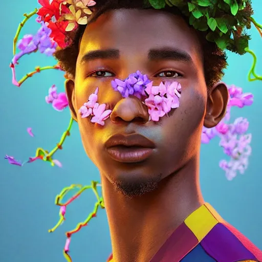 Image similar to colourful vfx art - portrait of focussed nigerian boy wrapped in flowers & vines, art by hsiao - ron cheng & james jean, volumetric light, ray tracing, sharp, detailed, digital painting, illustration, highly detailed, intricate detail, unreal engine, octane render, pinterest, behance, art station,