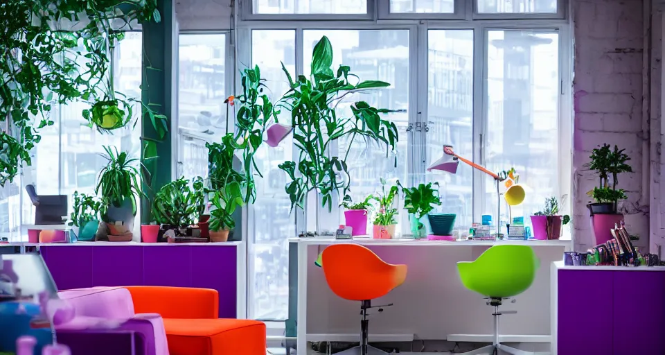 Image similar to IKEA catalogue photo, modern office space, retro future style furniture, cyberpunk style neon lighting, lush plant life, cityscape in the window, Purple, Teal, Mint, Pink, Orange