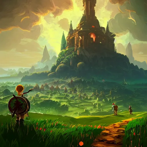 Image similar to a hyperrealistic digital matte painting of a verdant fantasy countryside, breath of the wild, hyrule, inspired by cyril rolando, david wiesner, many golden layers, orange color tone, very far royal steampunk castle, cgsociety, highly detailed, trending on artstation, azure sky