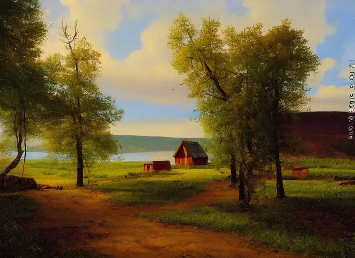 Image similar to the small wooden villages of siberia, russia in the style of hudson river school of art, oil on canvas