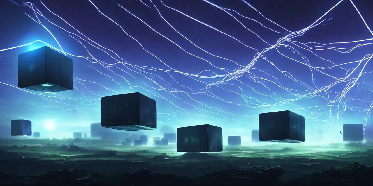 Image similar to a fleet of giant glowing futuristic cubes tied to each other with lots of glowing wires in the sky, thick glowing wires, light rays bouncing between cubes, a fantasy magical landscape seen in the distance, atmospheric lighting, intricate, volumetric lighting, beautiful, sharp focus, ultra detailed, in the art style of marc simonetti, bowater charlie and brom gerald, astrophotography