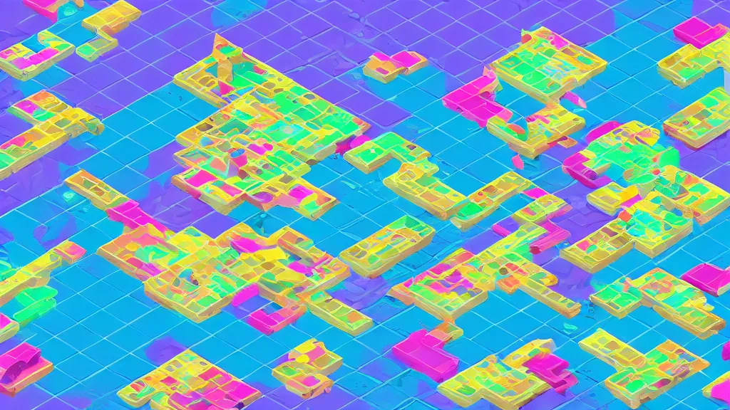 Image similar to vaporwave content clogs isometric puzzle game, intricate design clogs