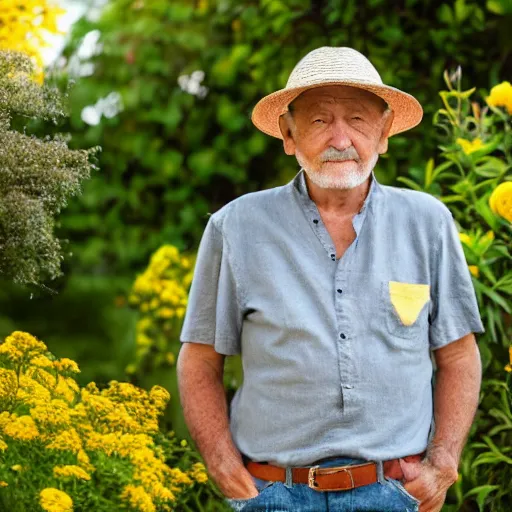 Image similar to old man in with short grey hair wearing a straw hat standing in a garden, yellow t shirt, jeans, brown leather shoes, photography, high detail, award winning photography