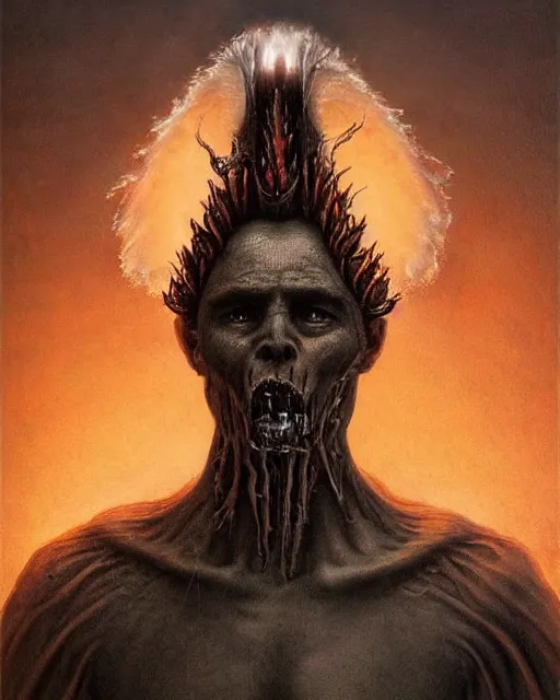 Image similar to a demonic angel with a broken halo wielding a jagged broken blade coated in fire in the style of zdzisław beksinski / h. r. giger trending on artstation deviantart pinterest hyper detailed photorealistic highlights and shadow hd 8 k post - processing high resolution