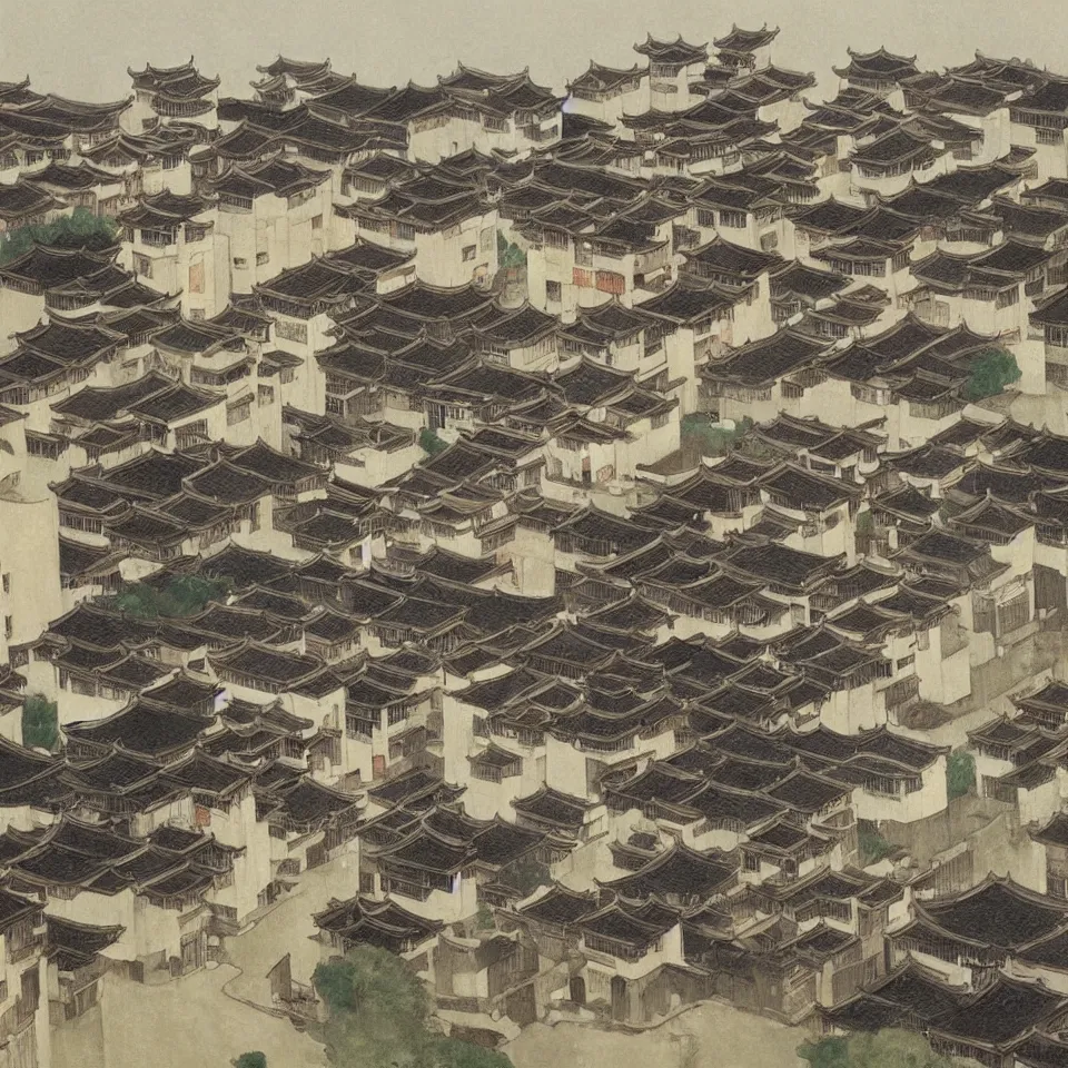 Image similar to a painting of hongcun ancient village houses by edward hopper and james jean