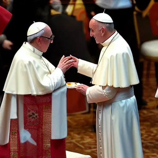 Image similar to the pope giving out communion to a fascist, 8k