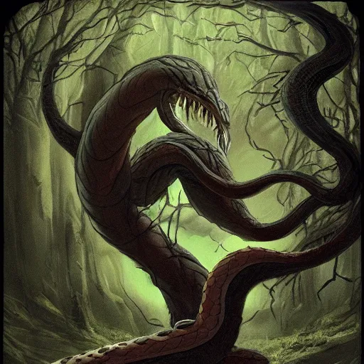 Image similar to A beautiful photograph of a large, looming creature with a long, snake-like body. The creature has many large, sharp teeth, and its eyes glow a eerie green. It is wrapped around a large tree, which is bent and broken under the creature's weight. There is a small figure in the foreground, clutching a sword, which is dwarfed by the size of the creature. mariachi by Marianne von Werefkin, by Worthington Whittredge manmade