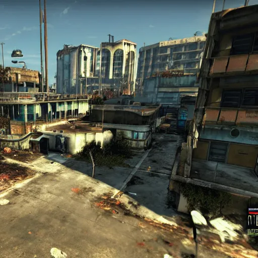 Image similar to Miami in ruins post-nuclear war in Fallout 4, in game screenshot