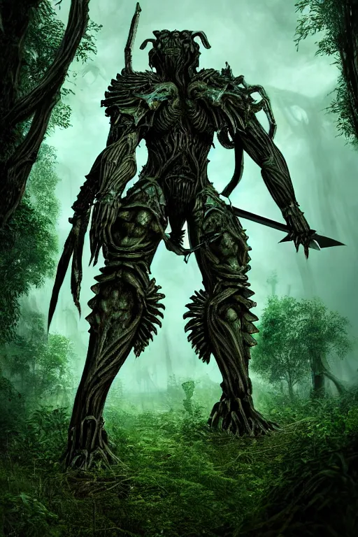 Image similar to post - gothic giant muscular humanoid chimera, exoskeleton armor, holding katana, dystopian ruins covered in vegetation, highly detailed smooth digital art masterpiece, vitaly bulgarov giger dramatic dark teal light, ground angle hd 8 k, sharp focus