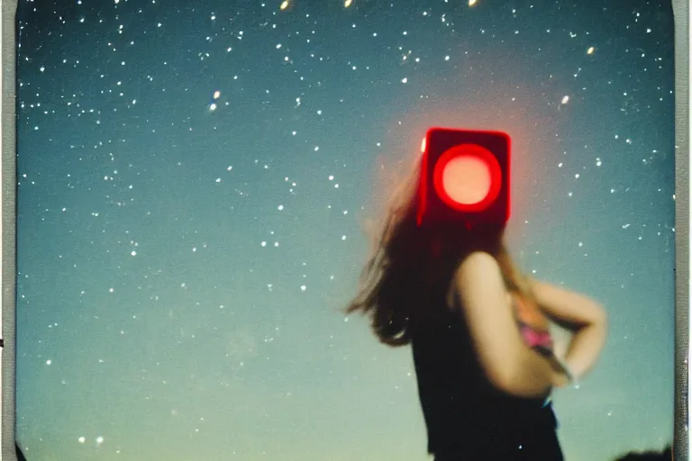 Image similar to blured girl on the red light, focused background night sky with stars, polaroid photo