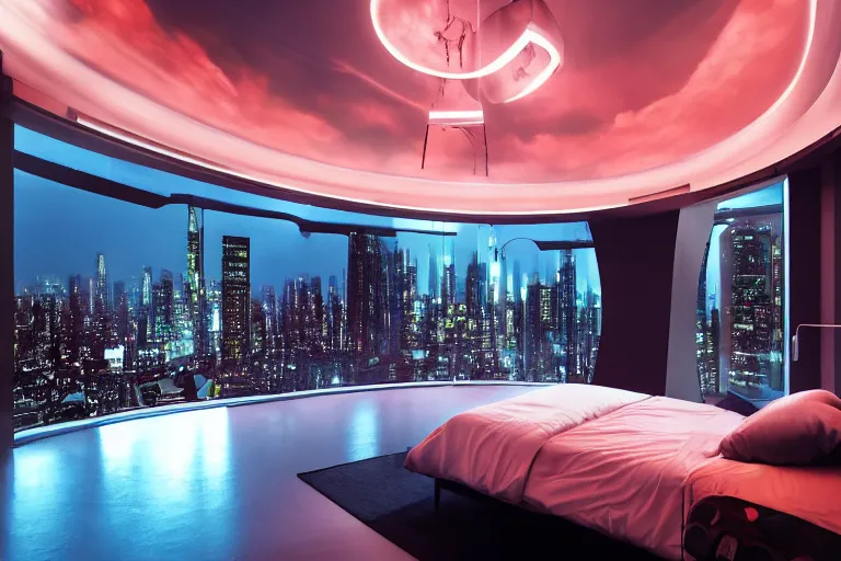 Image similar to a futuristic bedroom with large curved ceiling high windows looking out to a far future cyberpunk cityscape, cyberpunk neon lights, raining, scifi