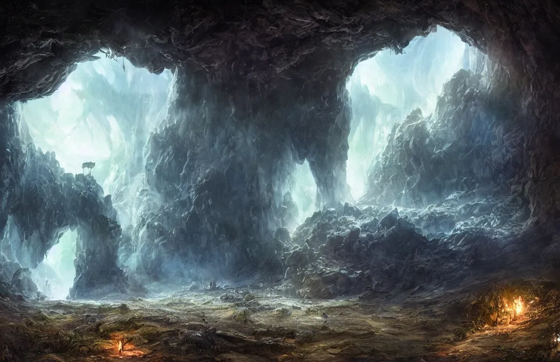 Prompt: in a huge cave with a portal into another world, far away in a phantastic landscape, dreamscape, in the style of dylan cole mattepainting super detailed, high aesthetic and cinematic dramatic light wide angle, hyperrealism